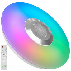 Plafoniera LED RGBW Smart, GlowforHome, Lampa de tavan cu lumina multicolora reglabila pentru living sau dormitor, Difuzor muzica Bluetooth incorporat, Telecomanda, control din aplicatie, 60W, 33 cm, Clasa energetica A, Alb Plafoniera LED RGBW Smart, GlowforHome, Lampa de tavan cu lumina multicolora reglabila pentru living sau dormitor, Difuzor muzica Bluetooth incorporat, Telecomanda, control din aplicatie, 60W, 33 cm, Clasa energetica A, Alb