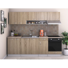 Bucatarie Bella 240 cm, culoare sonoma, blat termic, corp hota, dulap cuptor incorporabil